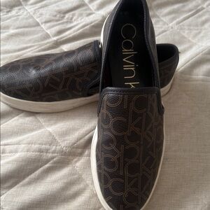 Calvin Klein Brown Logo Slip-On Sneakers with White Sole